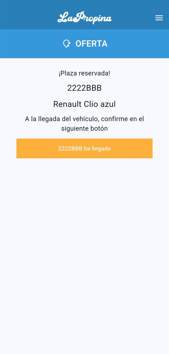 Pantalla con la plaza ya reservada y el botón para confirmar la llegada